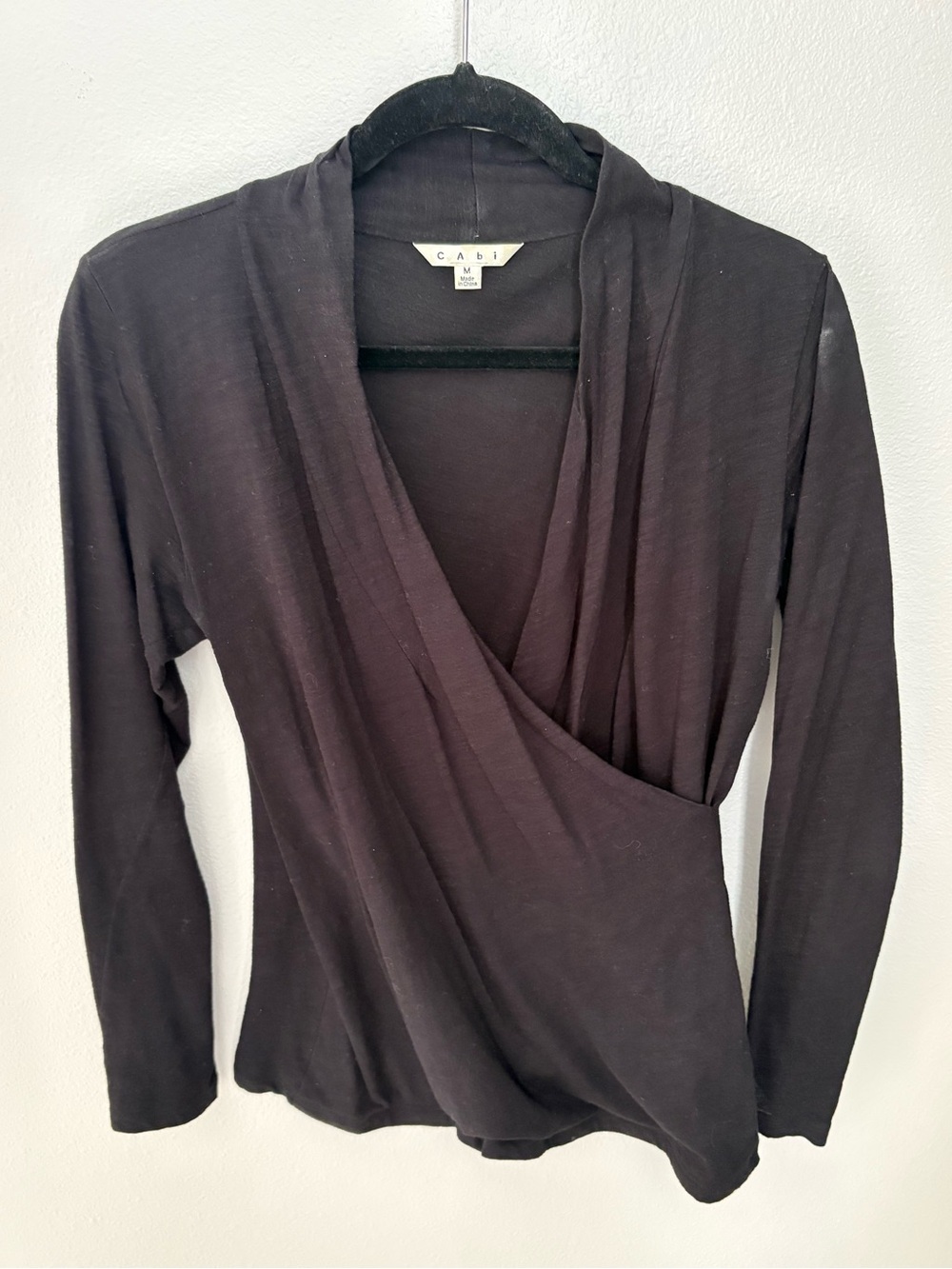 CAbi Black Draped Wrap-Front Long Sleeve Top